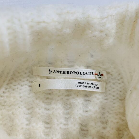 Anthropologie Bia Sweater S Cream Mock Neck Fluffy Cable Chunky Knit Puff Preppy - Picture 5 of 14